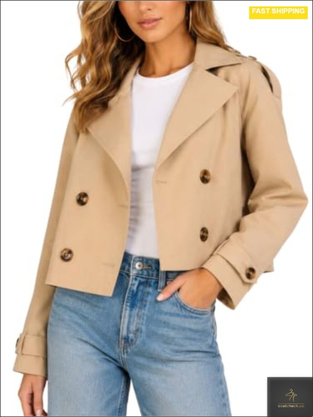 Women's Cropped Double-Breasted Lapel Trench Coat - Oversized Fit, Lightweight